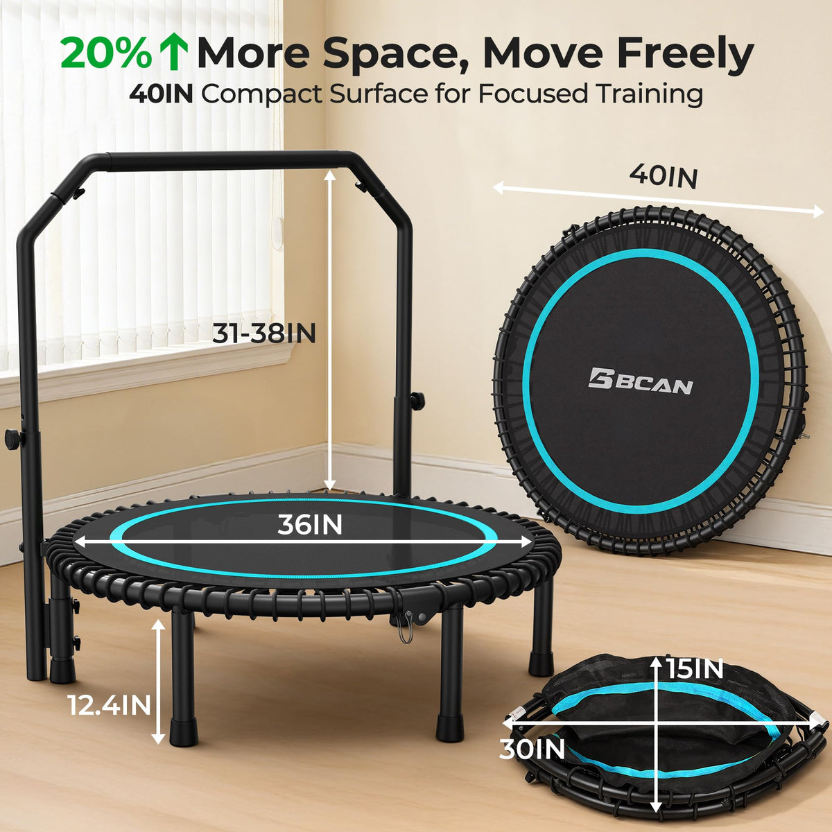 Bcan BT2 450/550LBS Mini Rebounder Trampoline for Adults with Bar, Fitness Trampoline with Bungees, Adjustable Handle, Stable & Quiet, Indoor Outdoor, Whole-Body Workout - 40IN/48IN | Fed Fitness