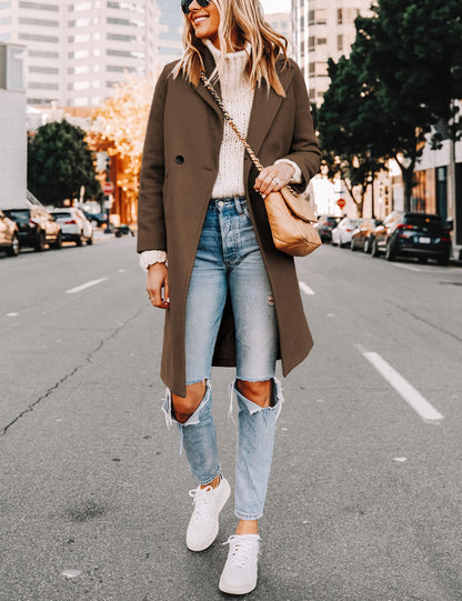 Women's Wool Coat Notch Lapel Double-Breasted Peacoat