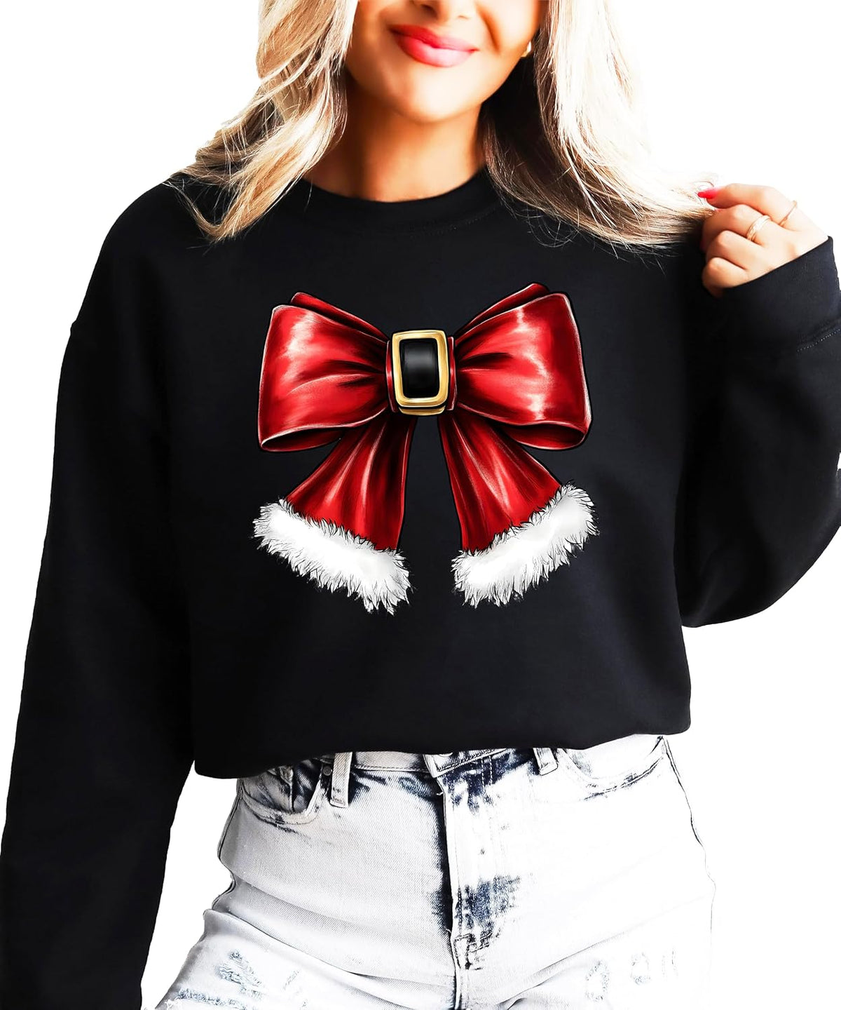 Olive Loves Apple Red Santa Bow Sweatshirt for Women Teens and Kids Christmas Holiday Pullover