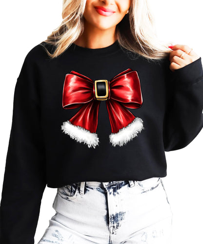 Olive Loves Apple Red Santa Bow Sweatshirt for Women Teens and Kids Christmas Holiday Pullover