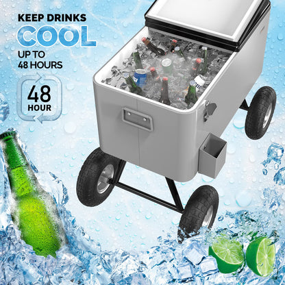 Vingli 80 Quart Wagon Rolling Cooler Ice Chest, W/Long Handle and 10" Wheels