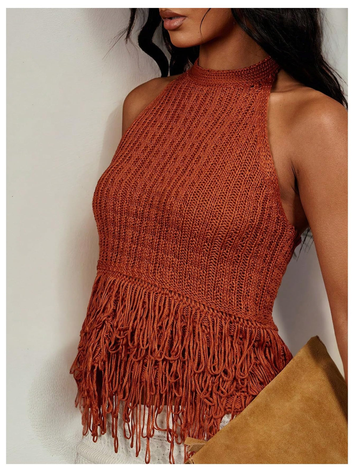 SweatyRocks Women's Boho Fringe Halter Tops Sleeveless Open Back Summer Knit Crochet Tank Top