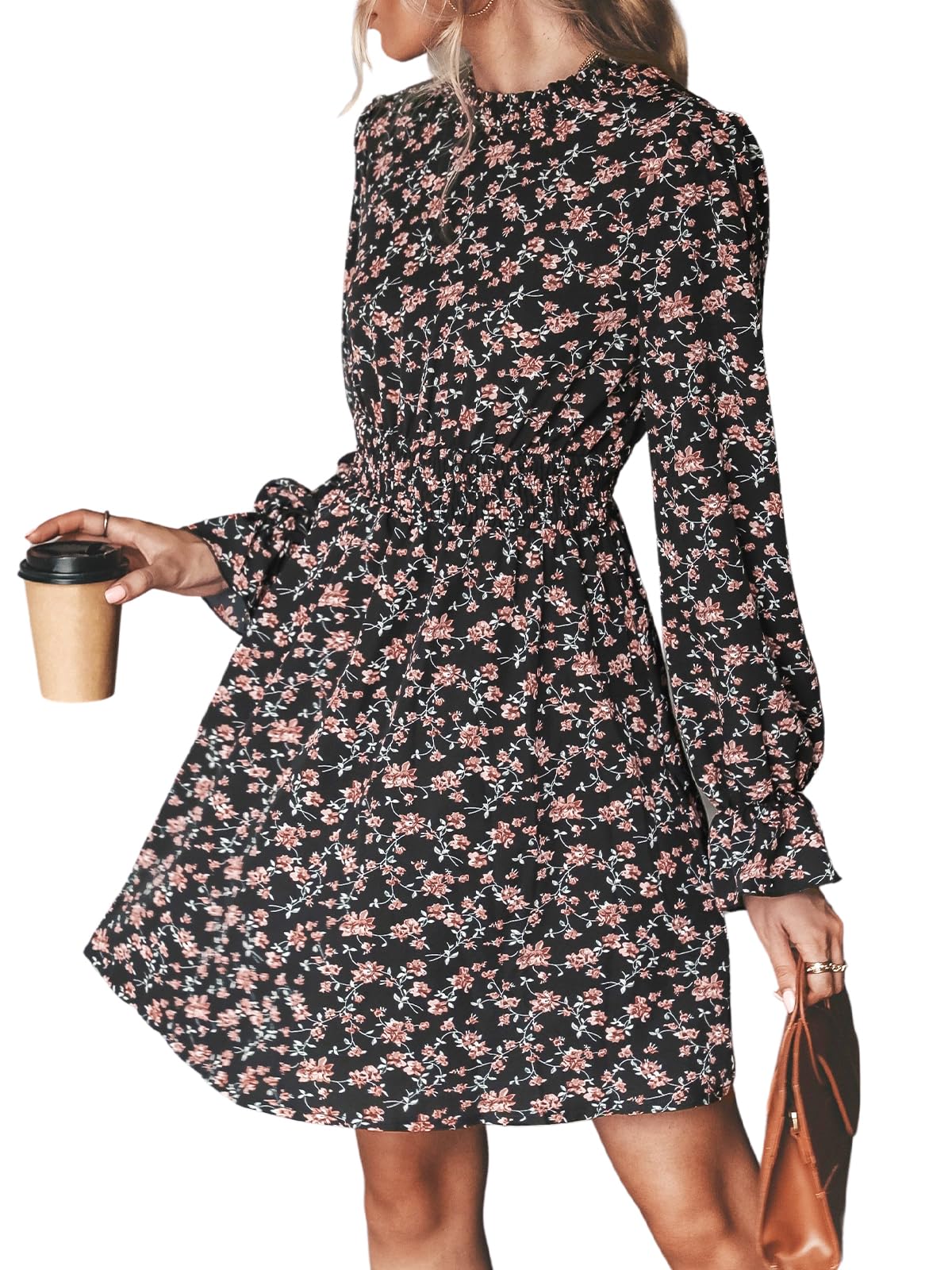 CUPSHE Women Mock Neck Floral Smocked Waist Mini Dress
