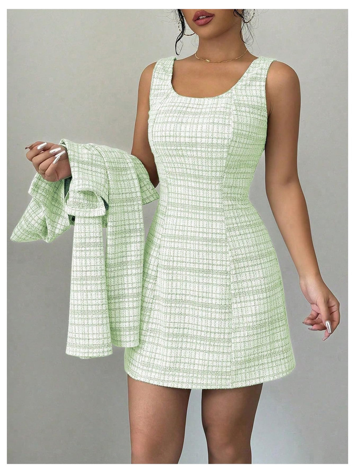 SOLY HUX Women's 2 Piece Plaid Long Sleeve Button Cropped Jacket Dress Set