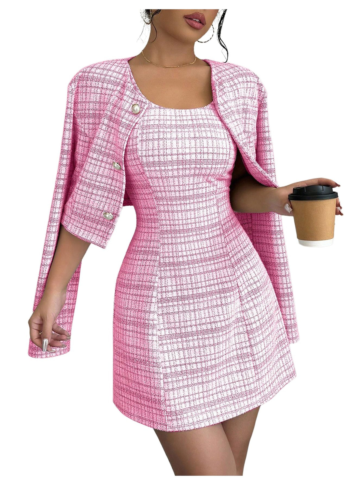SOLY HUX Women's 2 Piece Plaid Long Sleeve Button Cropped Jacket Dress Set