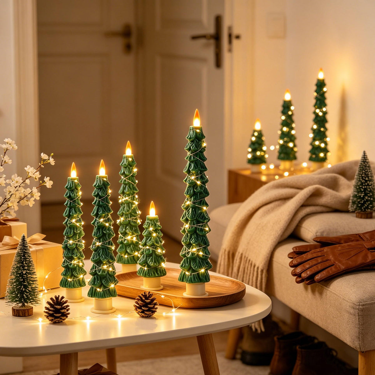 2 Pack White Christmas Tree LED Taper Candles, Flameless Flickering Candles with Copper String Lights, Upgraded Realistic Flame Effect, Battery Operated with Remote for Christmas Home Decoration