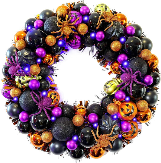 Hiptree 17 Inch Halloween Ball Wreath for Front Door with Lights, Lighted Cute Treat-Or-Trick Door Wreath Ball Ornament for Halloween Indoor Decorations Centerpiece Party Holiday Wall Home Decor
