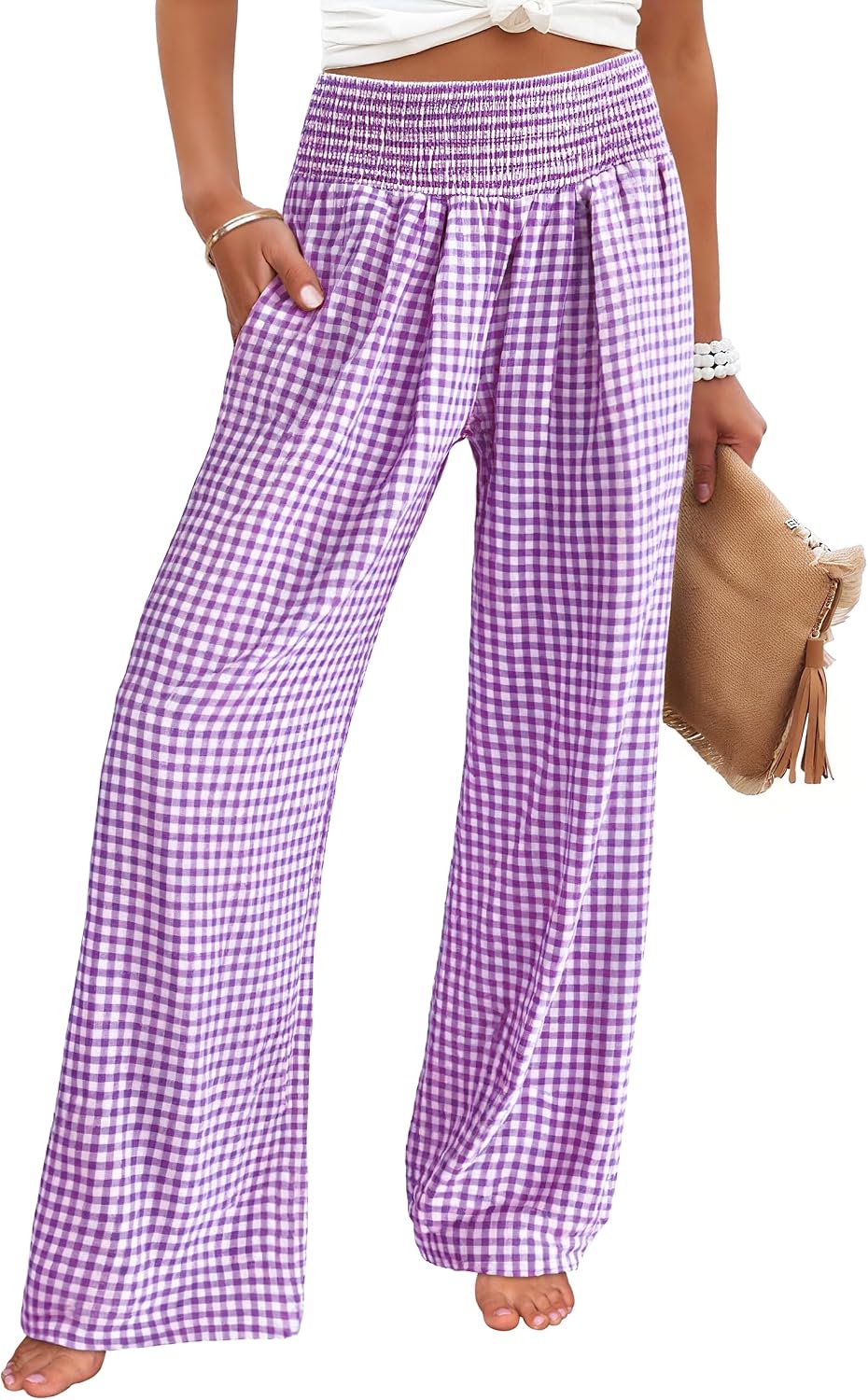 ANRABESS Womens Striped Gingham Wide Leg Palazzo Pants with Pockets