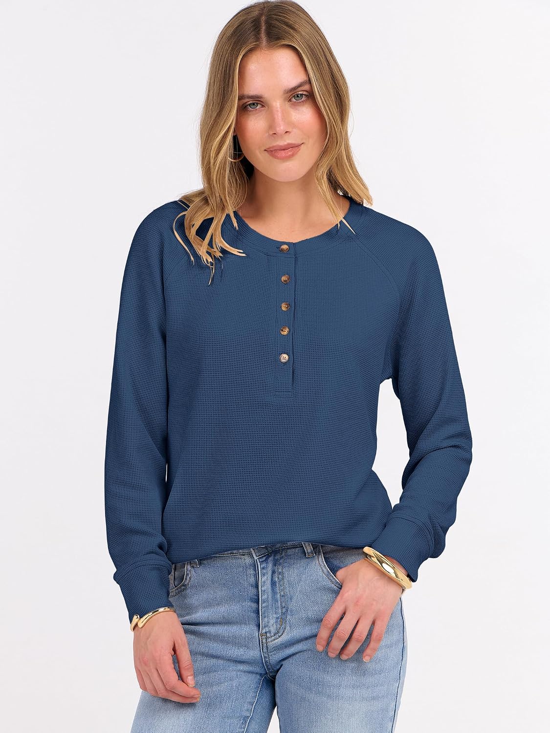 ANRABESS Women's Waffle Knit Henley Top Long Sleeve Shirts