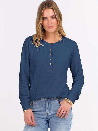 ANRABESS Women's Waffle Knit Henley Top Long Sleeve Shirts