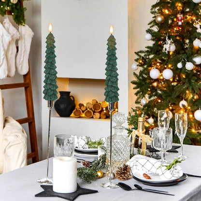 Green Christmas Tree Flameless Taper Candles Battery Operated Remote Timer