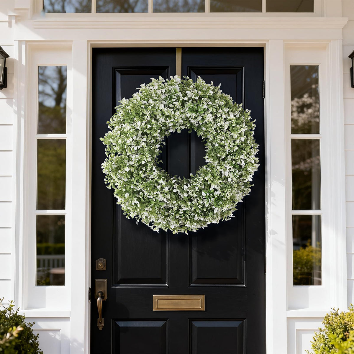 32" Large Artificial Boxwood Wreath for Front Door (White-Green) | Waterproof & Fade Resistant