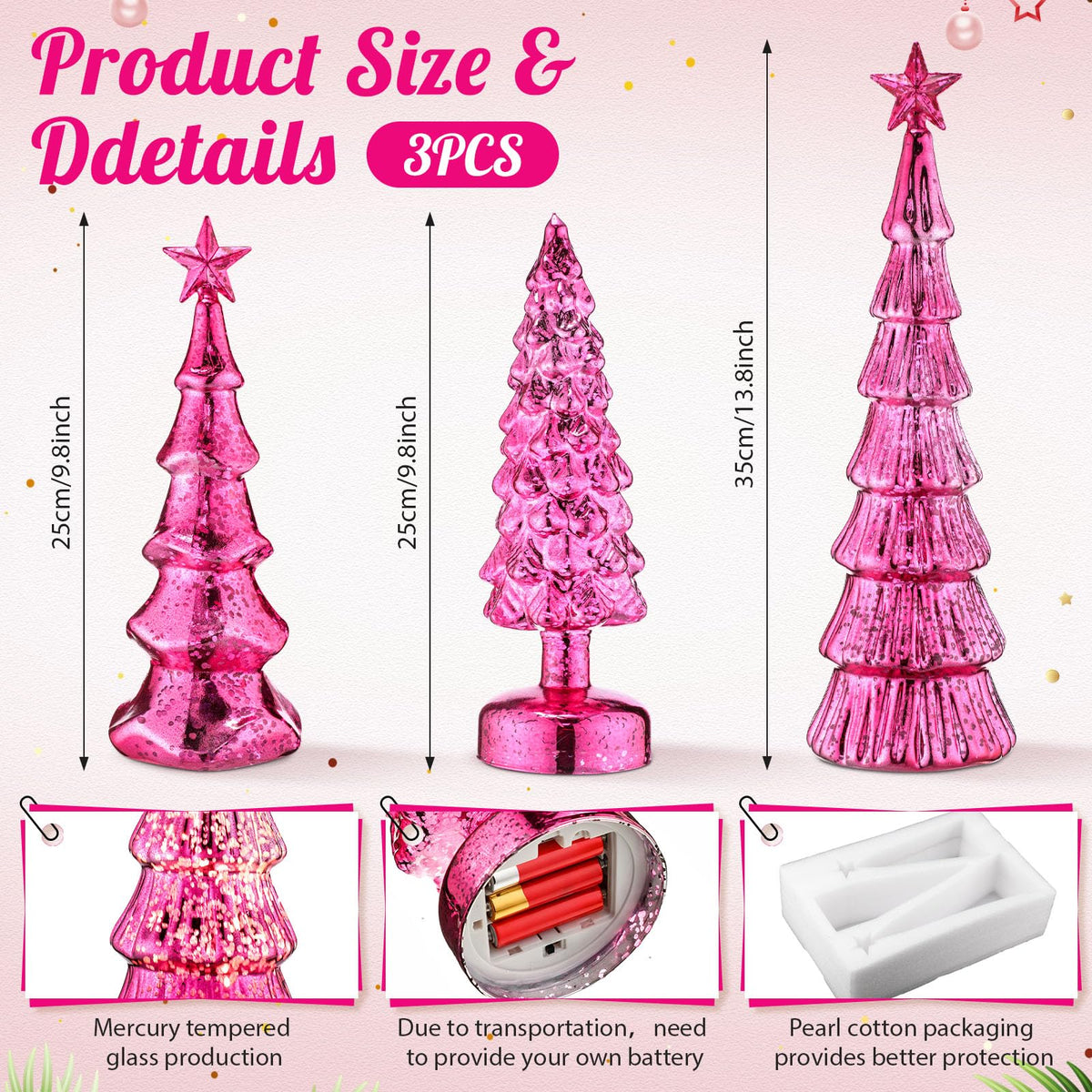 Funnymoom 3 Pack Glass Christmas Trees Decor Lighted Christmas Tree Tabletop Glitter Centerpiece Decoration Glass Xmas Tree Figurines Holiday Ornament for Table Mantle Fireplace(gold,classic)
