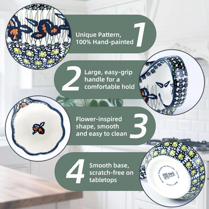 Alma Handpainted Microwavable Soup Bowl with Loop Handle 18.6Oz, Cereal Bowl with Handle