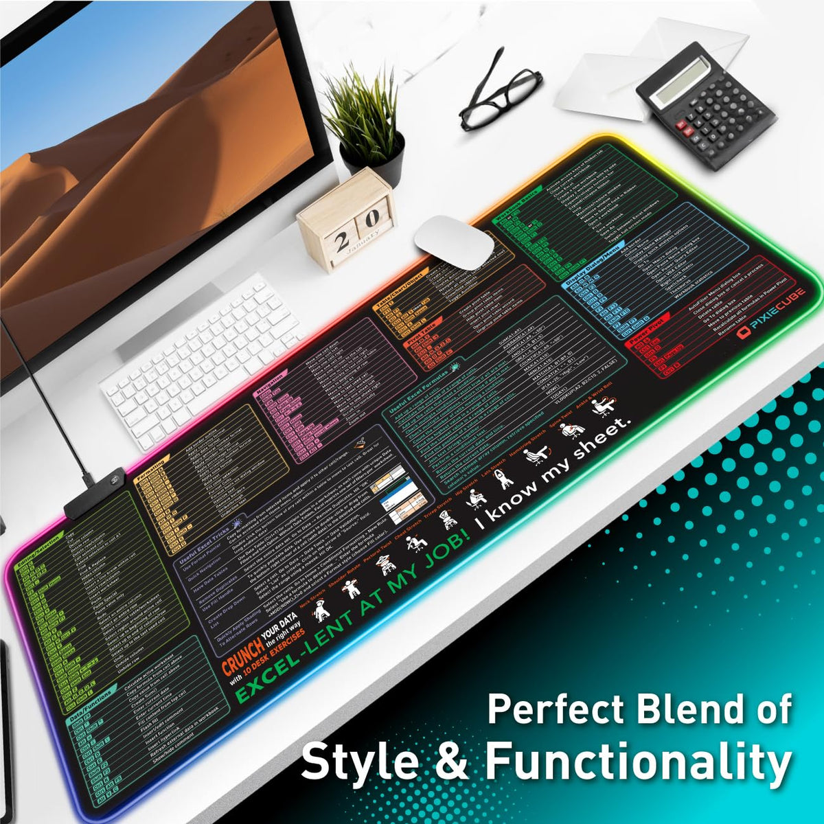 Pixiecube Excel Cheat Sheet Desk Pad | Excel Shortcut Keys Mouse Pad | Extended Large XL Gaming Mousepad | Pc Office Spreadsheet Keyboard Mat | Non-Slip Stitched Edge