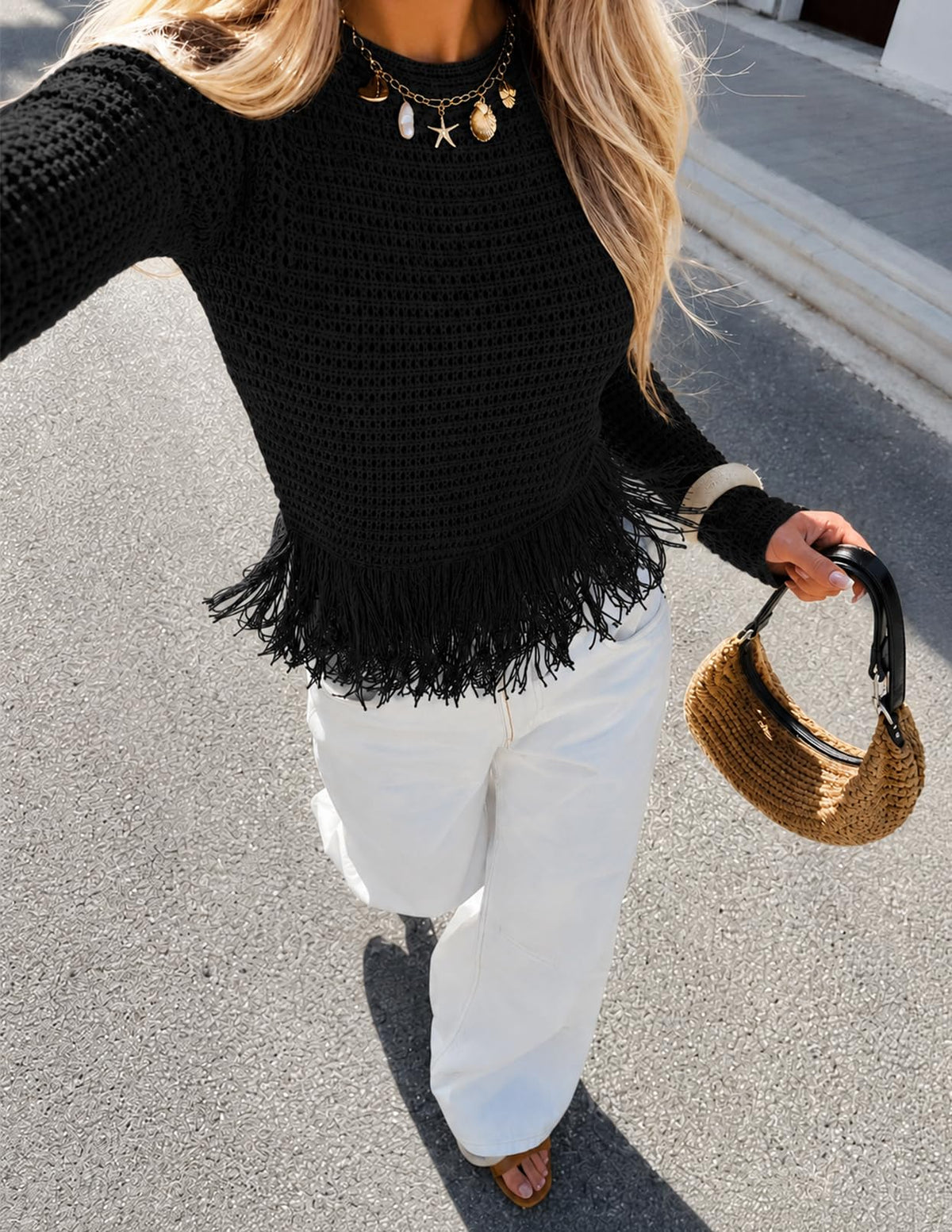 MEROKEETY Women's Fall Fashion Crochet Fringe Sweater Tops Boho Pullover