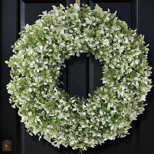 32" Large Artificial Boxwood Wreath for Front Door (White-Green) | Waterproof & Fade Resistant