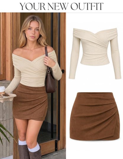 ZESICA Womens Faux Suede Wrap Mini Skirt Fall High Waist Bodycon Skort