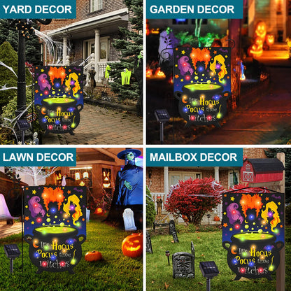 Halloween Lighted Garden Flag for Outside, LED Solar Yard Flag 8 Modes Witch Feet Shape Flag, 28x40 Double Sided Cauldron Eyeball Black Cat Decorations for Home Porch