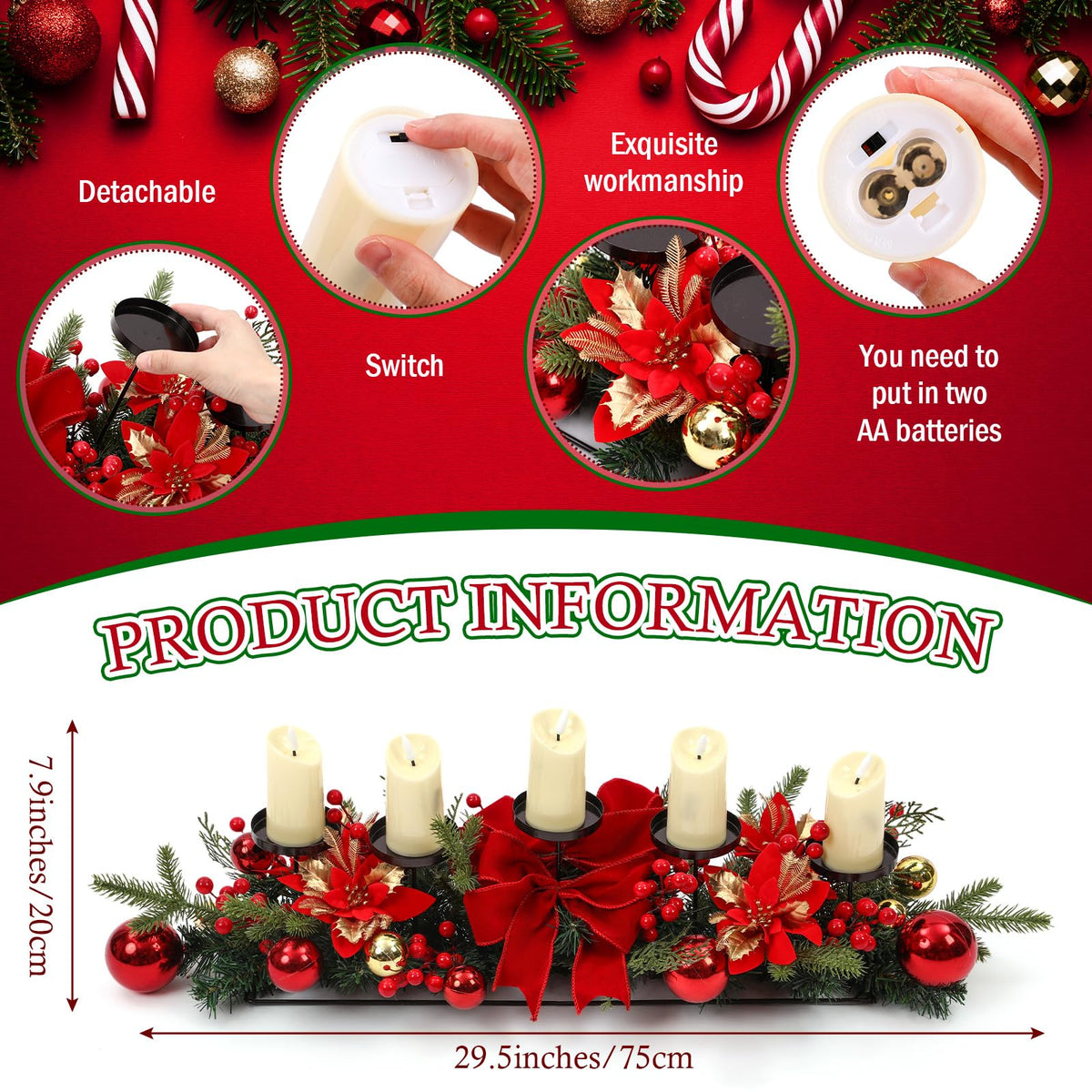 Funnymoom Christmas Tabletop Centerpiece 30 Inch Christmas Poinsettia Candle Holder with 5 Candle Artificial Table Decorations with Red Berries Gold Plants(red Ball)