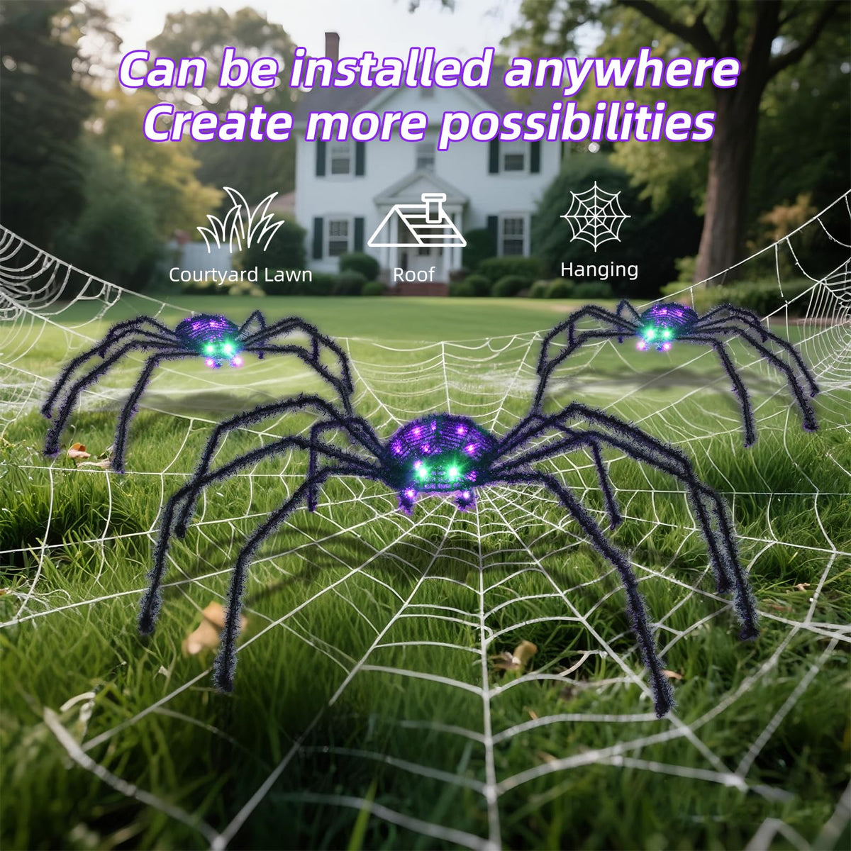 Halloween Decorations Outside Giant Spider - Hoyechi Outdoor Halloween Decor Lighted Spider 4.2Ft, Light Up Spider with 90 LED Lights, Ground Stakes, for Front Yard Porch Gardens Lawns Party