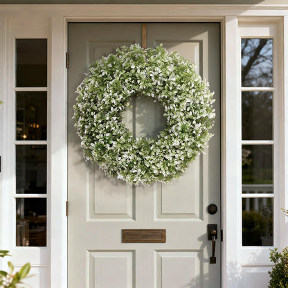 32" Large Artificial Boxwood Wreath for Front Door (White-Green) | Waterproof & Fade Resistant