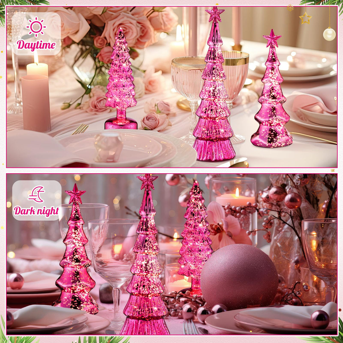 Funnymoom 3 Pack Glass Christmas Trees Decor Lighted Christmas Tree Tabletop Glitter Centerpiece Decoration Glass Xmas Tree Figurines Holiday Ornament for Table Mantle Fireplace(gold,classic)