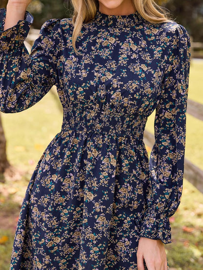 CUPSHE Women Mock Neck Floral Smocked Waist Mini Dress