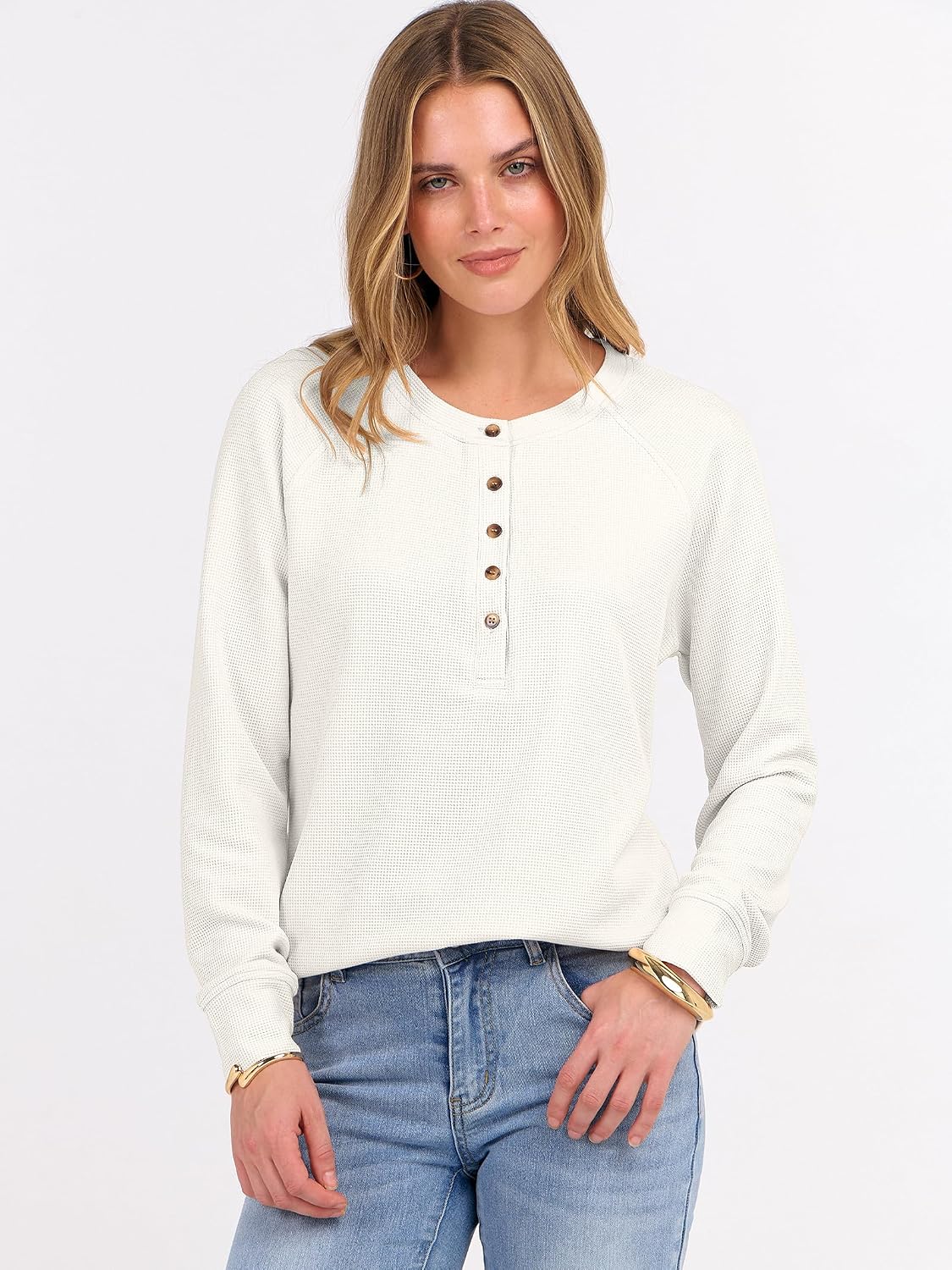 ANRABESS Women's Waffle Knit Henley Top Long Sleeve Shirts