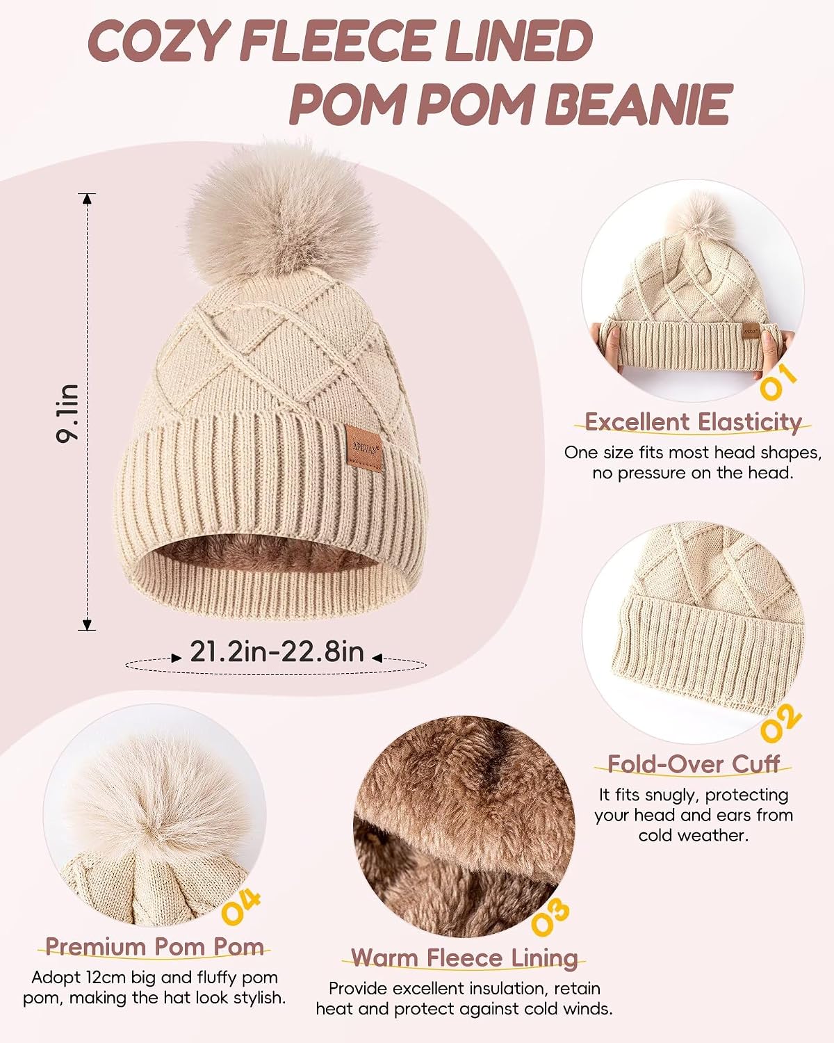 Womens Winter Hat Gloves Scarf Headband Set, Pom Pom Beanie Long Scarf Touchscreen Gloves Ear Warmer, 4 in 1 Warm Gift Set