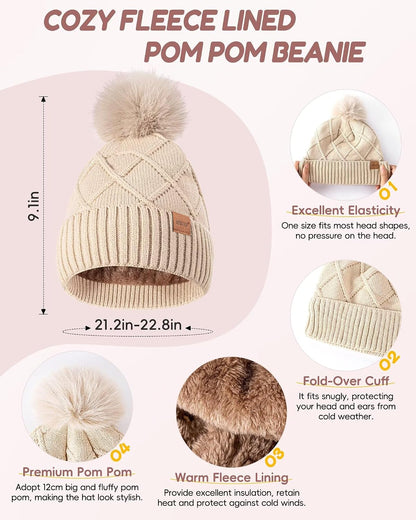 Womens Winter Hat Gloves Scarf Headband Set, Pom Pom Beanie Long Scarf Touchscreen Gloves Ear Warmer, 4 in 1 Warm Gift Set