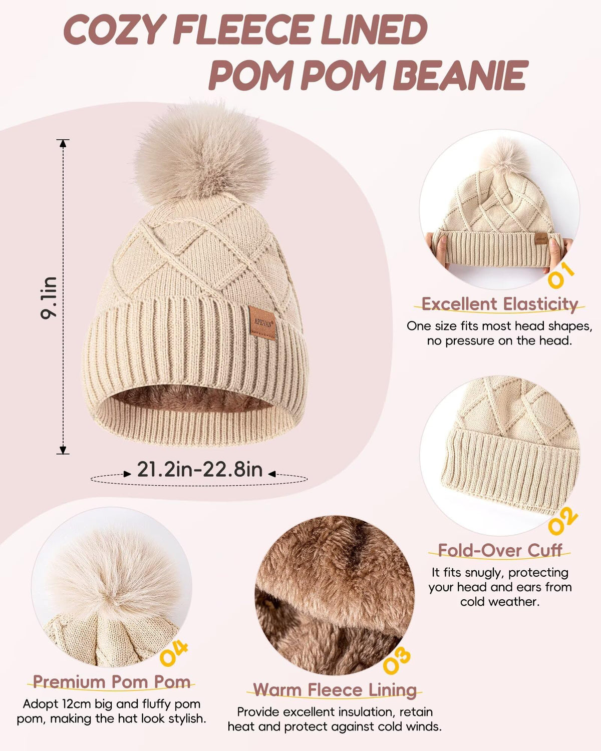 Womens Winter Hat Gloves Scarf Headband Set, Pom Pom Beanie Long Scarf Touchscreen Gloves Ear Warmer, 4 in 1 Warm Gift Set