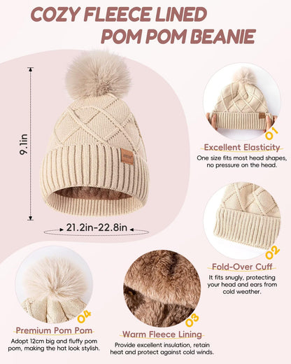 Womens Winter Hat Gloves Scarf Headband Set, Pom Pom Beanie Long Scarf Touchscreen Gloves Ear Warmer, 4 in 1 Warm Gift Set