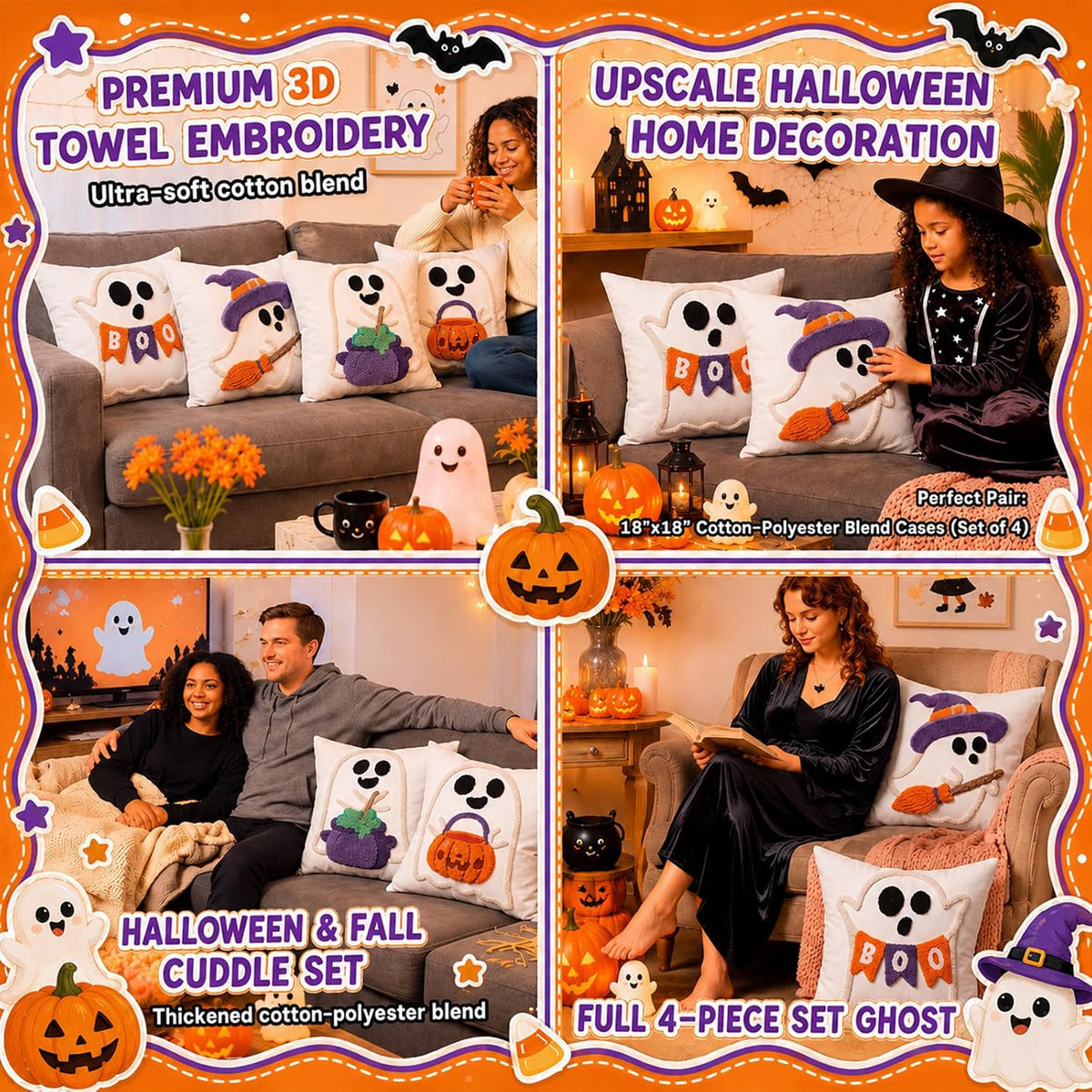 Irenare 4 Pcs 18 X 18 Inch Halloween Throw Pillow Covers Cute Ghost Witch Crochet Pillowcase Boo Embroidered Cushion Gift for Halloween Farmhouse Couch Sofa Home Decor