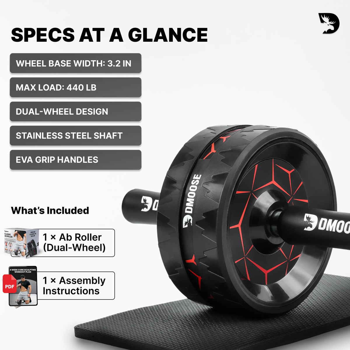 Dmoose Fitness Ab Roller Wheel with Elbow Support & 2 Knee Pads