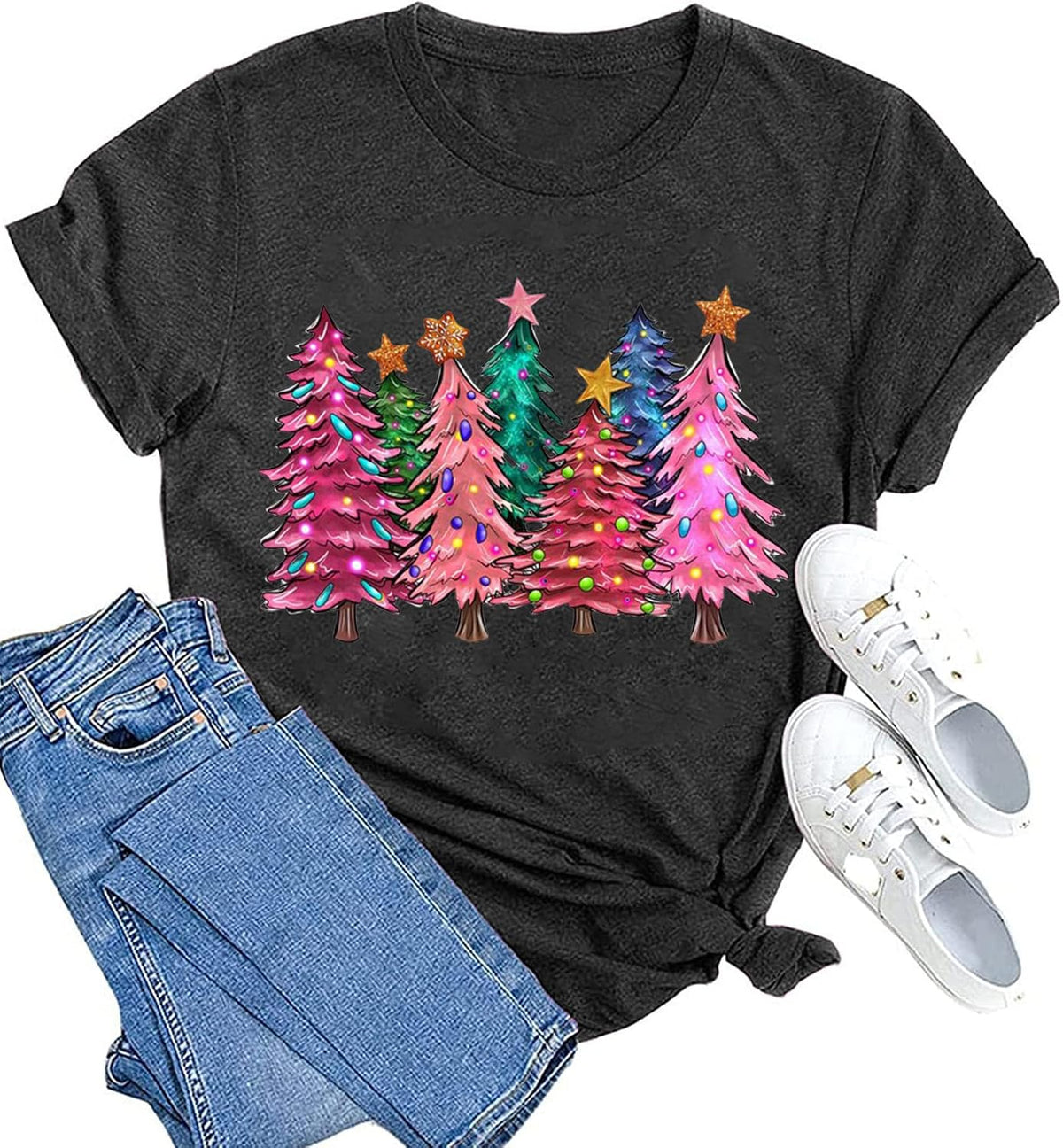 hcihgzr Christmas Shirts for Women Merry and Bright Christmas Shirt Xmas Tree Graphic Holiday T-Shirt Tops