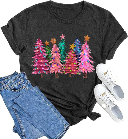 hcihgzr Christmas Shirts for Women Merry and Bright Christmas Shirt Xmas Tree Graphic Holiday T-Shirt Tops