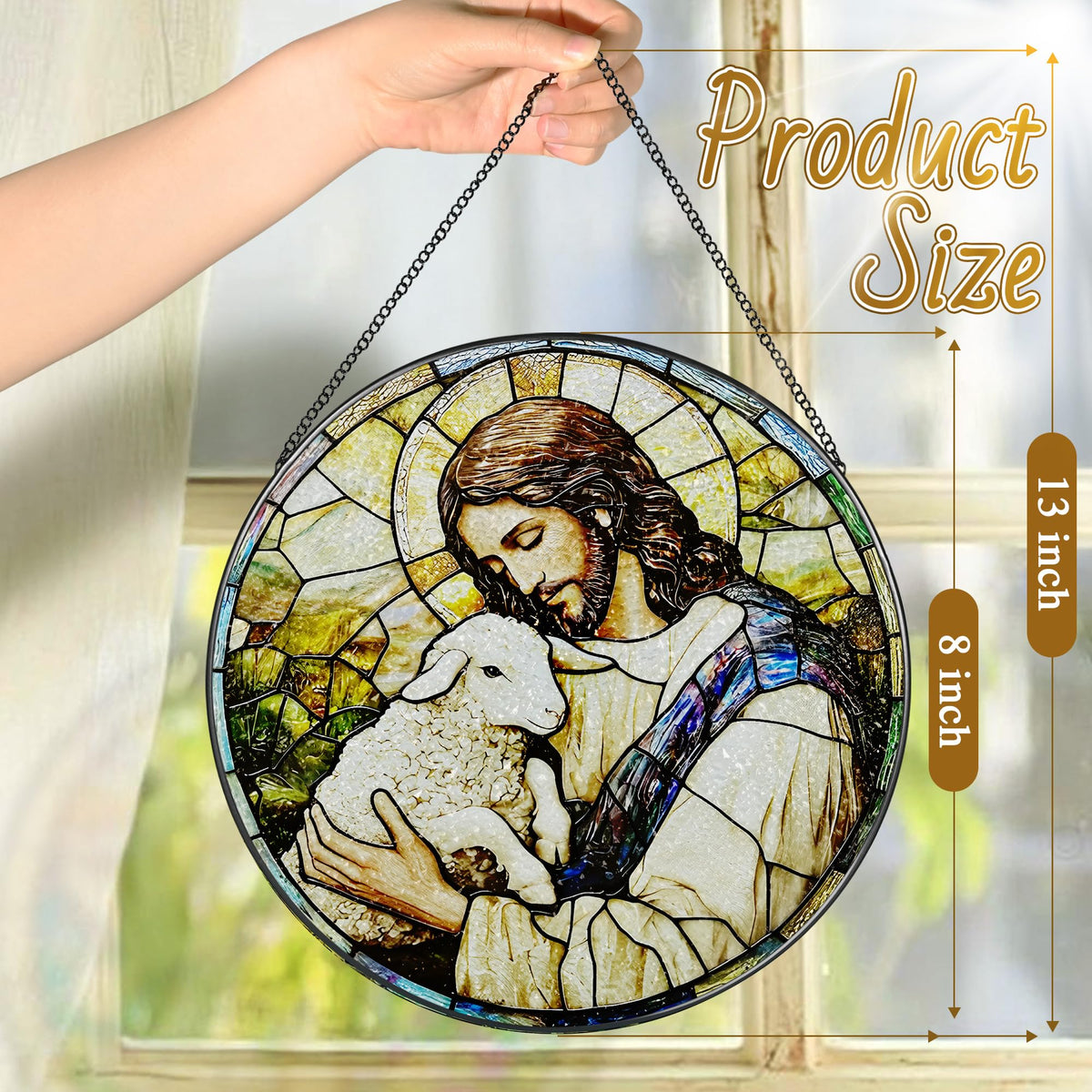 8-Inch Jesus with Cardinals Suncatcher Ornament, Stained Glass Window Hanging & Religious Christmas Ornament, Christian Window Decor — Memorial Gift, Christian Gifts for Her, Religious Gifts