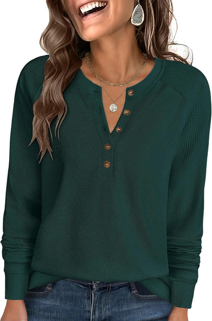 ANRABESS Women's Waffle Knit Henley Top Long Sleeve Shirts
