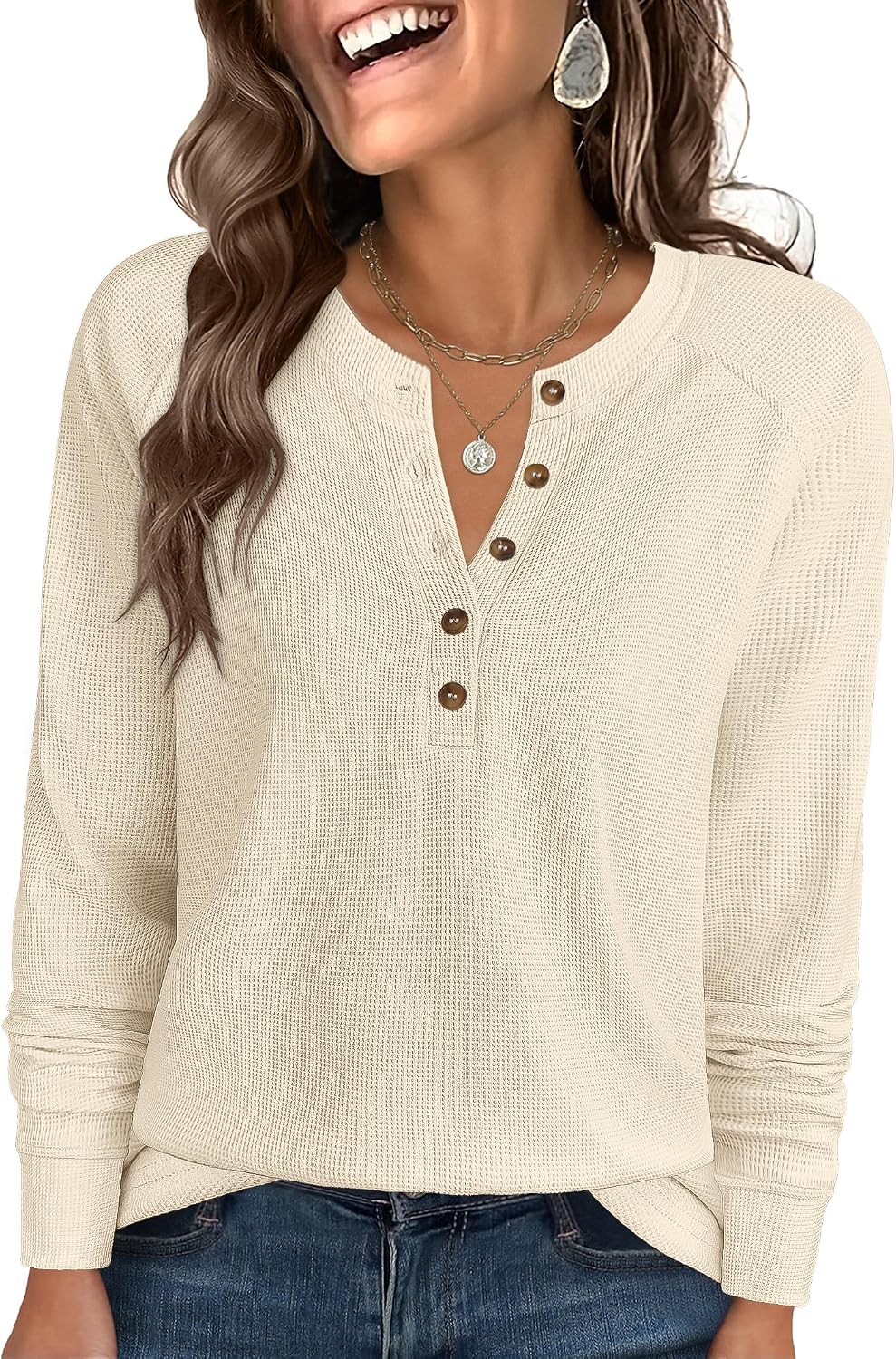 ANRABESS Women's Waffle Knit Henley Top Long Sleeve Shirts