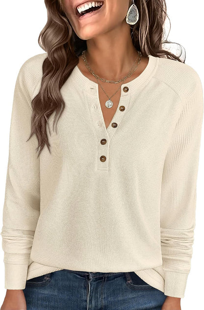 ANRABESS Women's Waffle Knit Henley Top Long Sleeve Shirts