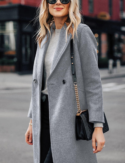 Women's Wool Coat Notch Lapel Double-Breasted Peacoat