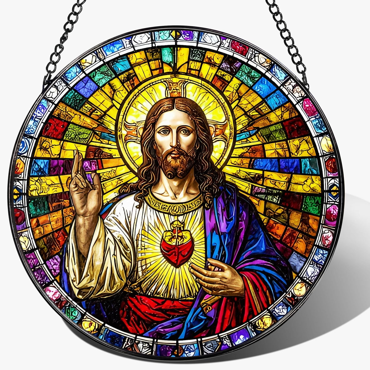 8-Inch Jesus with Cardinals Suncatcher Ornament, Stained Glass Window Hanging & Religious Christmas Ornament, Christian Window Decor — Memorial Gift, Christian Gifts for Her, Religious Gifts