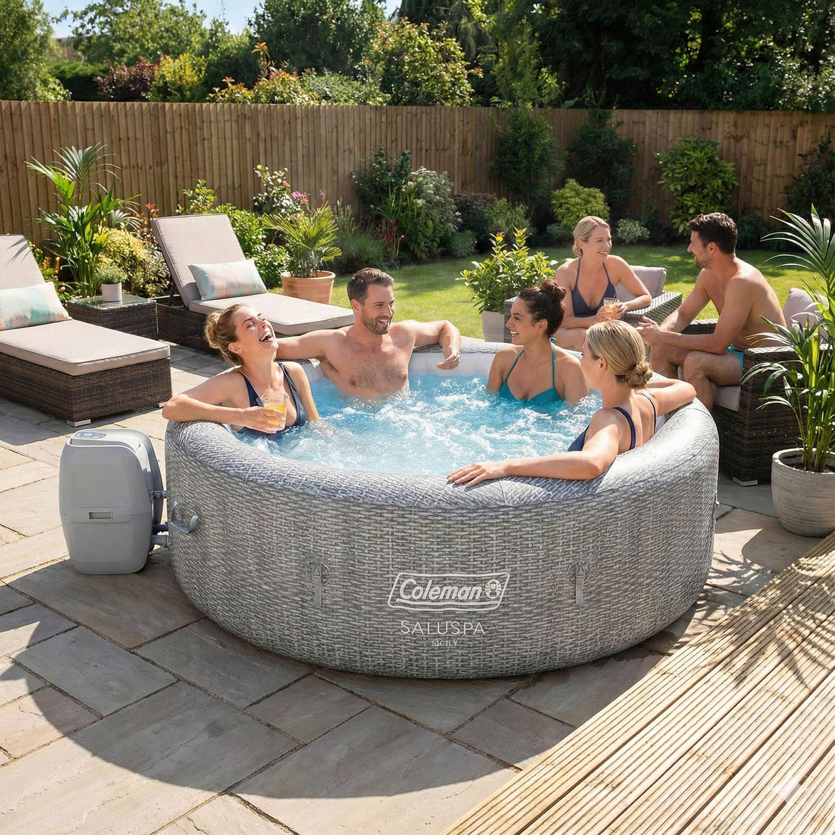 Coleman Sicily 5 to 7 Person Inflatable Hot Tub, Round Portable Outdoor Spa with 180 Airjets and Energysense Cover, Grey, 85" X 28"