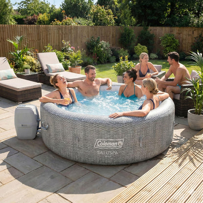 Coleman Sicily 5 to 7 Person Inflatable Hot Tub, Round Portable Outdoor Spa with 180 Airjets and Energysense Cover, Grey, 85" X 28"