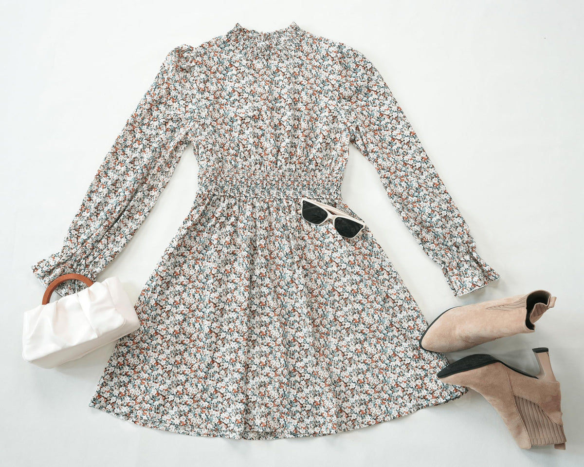CUPSHE Women Mock Neck Floral Smocked Waist Mini Dress