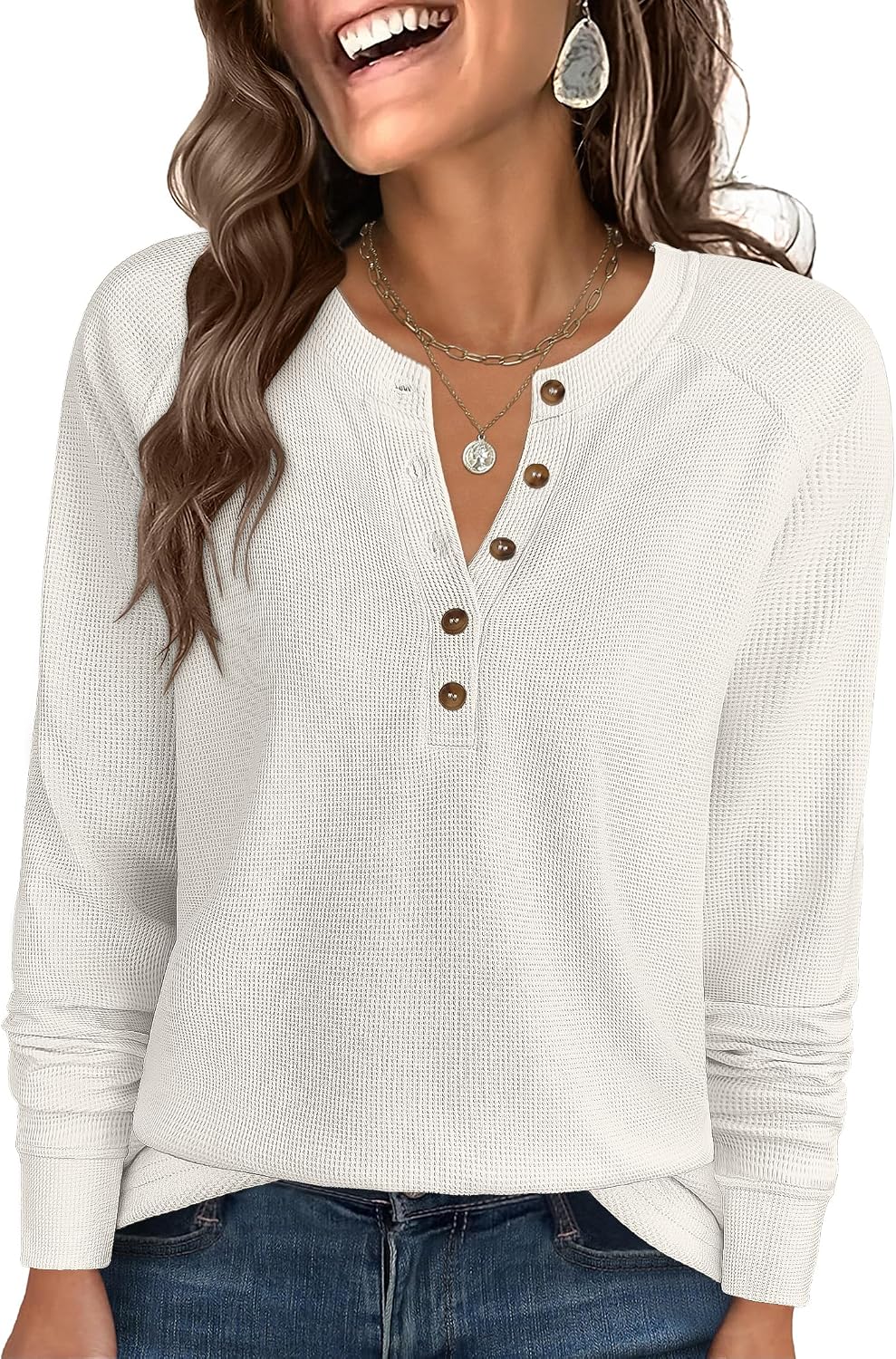 ANRABESS Women's Waffle Knit Henley Top Long Sleeve Shirts