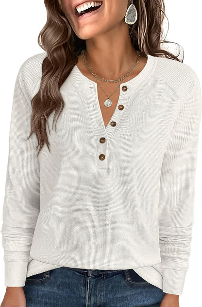 ANRABESS Women's Waffle Knit Henley Top Long Sleeve Shirts