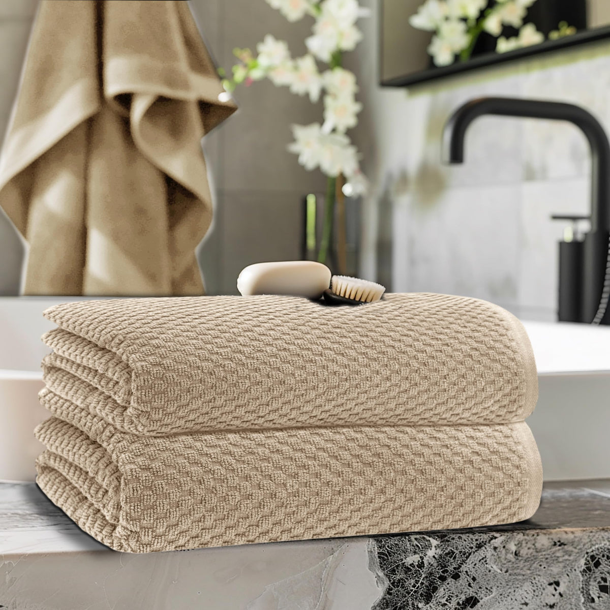 Cotton Craft- Euro Spa Set of 4 Luxury Waffle Weave Bath Towels, Oversized Pure Ringspun Cotton, 30 Inch X 56 Inch, White