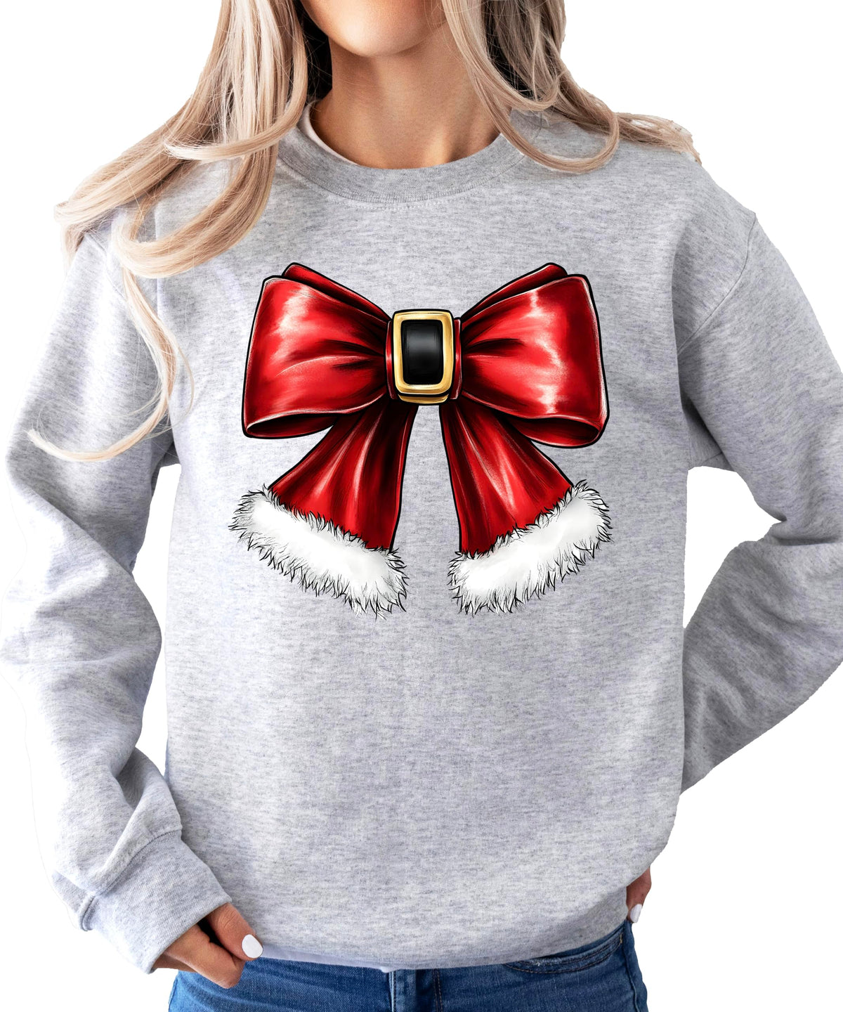 Olive Loves Apple Red Santa Bow Sweatshirt for Women Teens and Kids Christmas Holiday Pullover